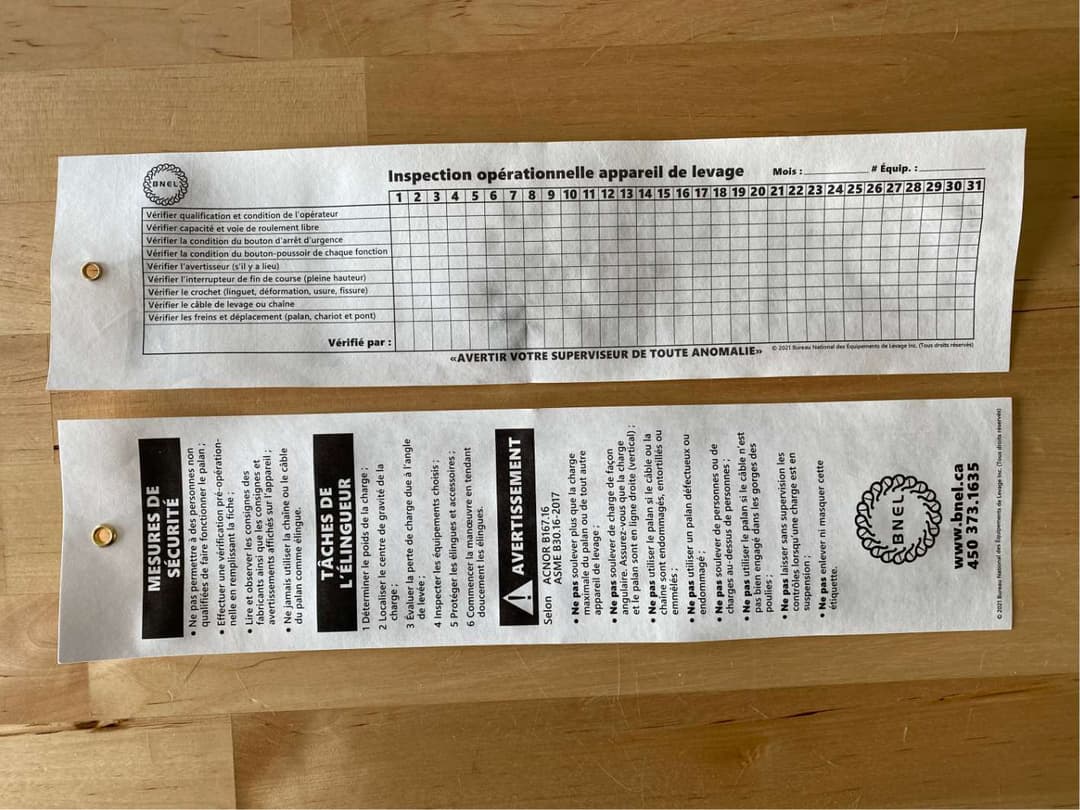 25 x Étiquette inspection opérationnelle en appareil de levage